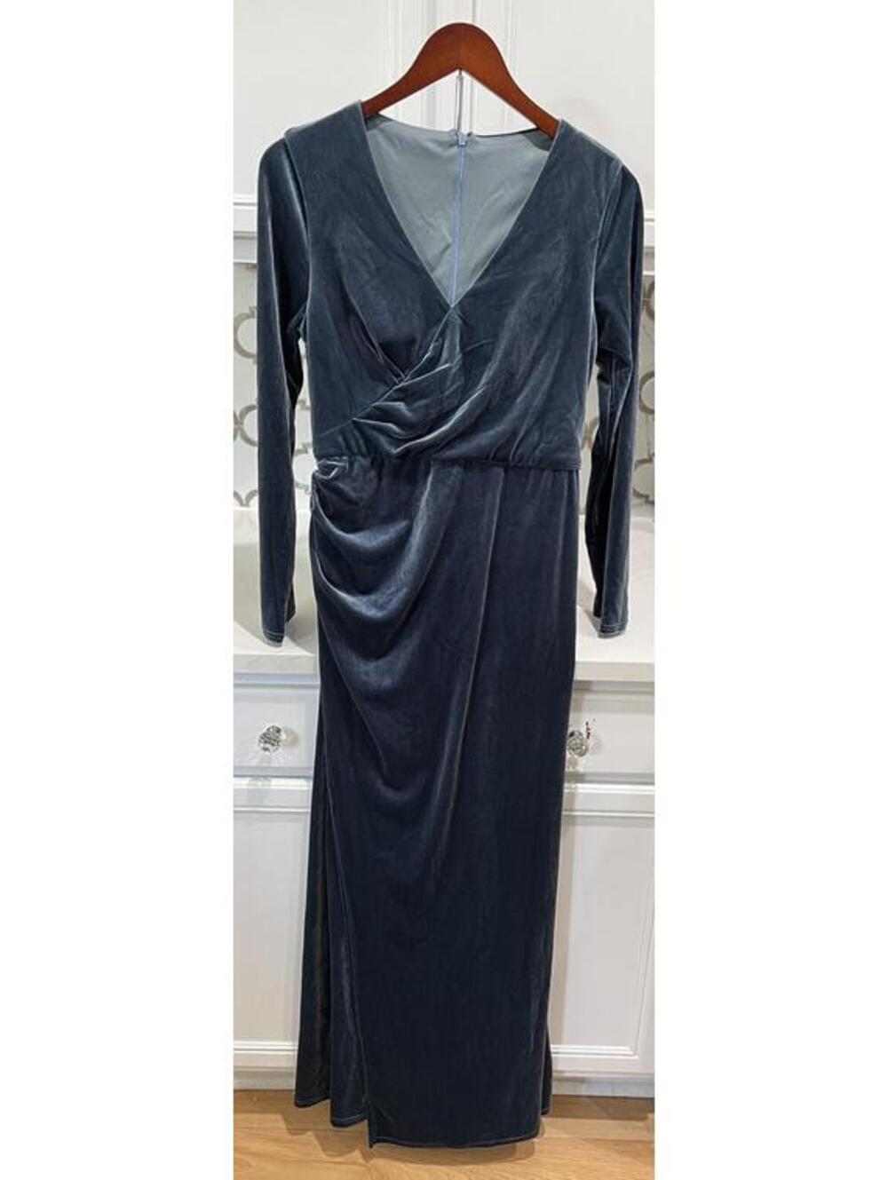 Womens Velvet, Long Sleeve, V-Neck, Formal Midnight Blue Dress, in size 10
